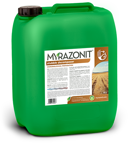 A MYRAZONIT stubble decomposer canister — a biological product for breaking stubble down